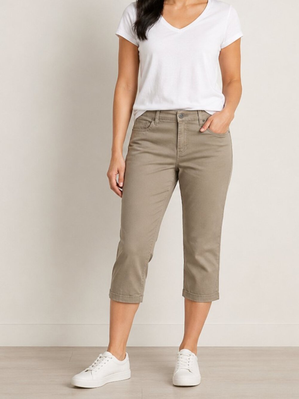 Gloria Vanderbilt Amanda Capri Khaki Beige Cuffed Pants Size 4p